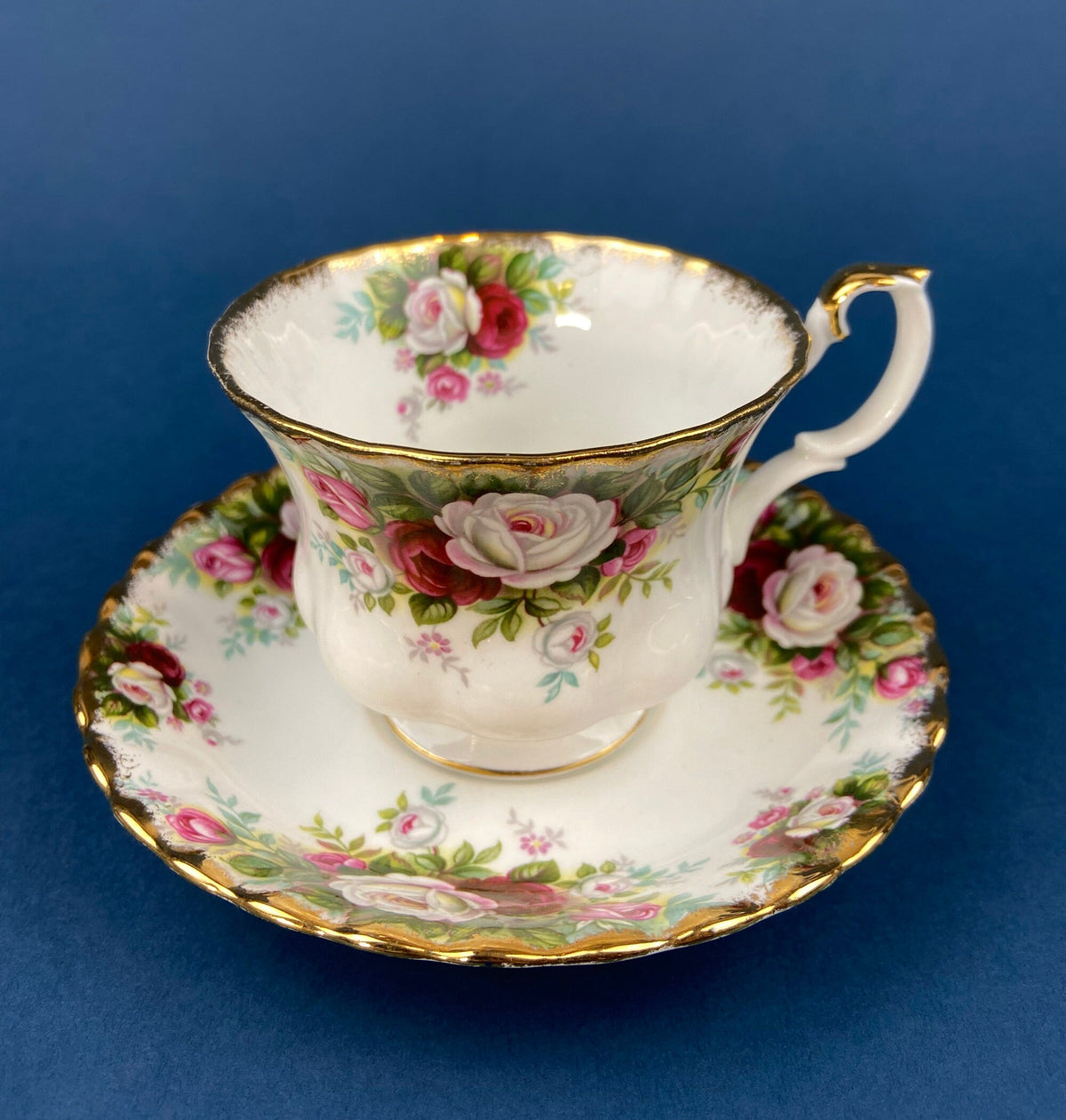 Royal Albert Cup and Saucer. Celebration Motif Tea/Coffee Set. Red, Pink & White Roses. Made in England. Collectibles. Gift for Her.