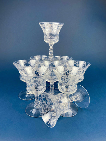 Vintage Cambridge Rose Point Champagne Glasses. Set of Five Tall Sherbets. Floral Etching Stemware. Fine Dining. Wedding Gift Idea.