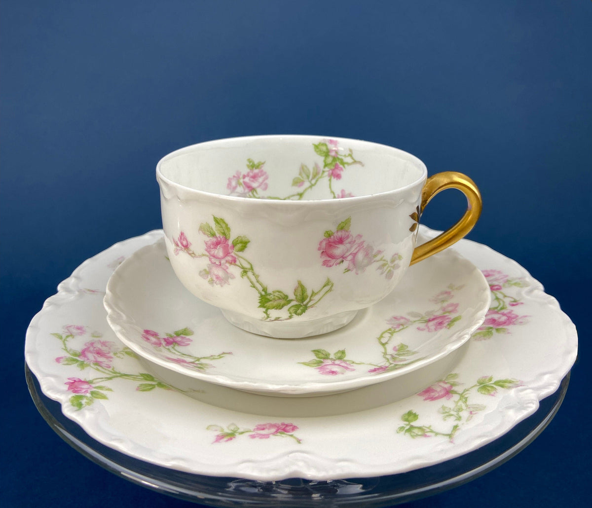 Antique Limoges Tea Cup and Saucer. Hand-Painted Porcelain by Haviland, France. Violet Clusters Motif. Highly Collectible.