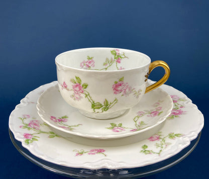 Antique Limoges Tea Cup and Saucer. Hand-Painted Porcelain by Haviland, France. Violet Clusters Motif. Highly Collectible.