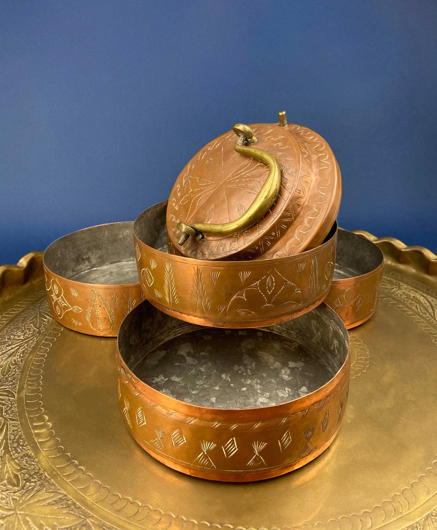 Antique Chinese Cloisonne Stackable Boxes. Set of 4 Bowls. Brass Trims. Food Carrier Trinket Storage. Ethnic Art. Asian Ethnic Home Decor.