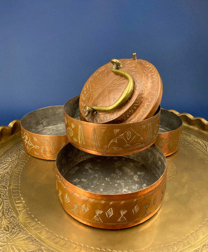 Antique Chinese Cloisonne Stackable Boxes. Set of 4 Bowls. Brass Trims. Food Carrier Trinket Storage. Ethnic Art. Asian Ethnic Home Decor.