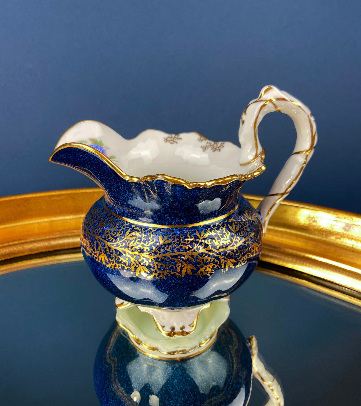 Vintage Aynsley Creamer and Sugar Bowl.  Blue and Gold, with Hand Painted Bouquet of Flowers. Fine Bone China.