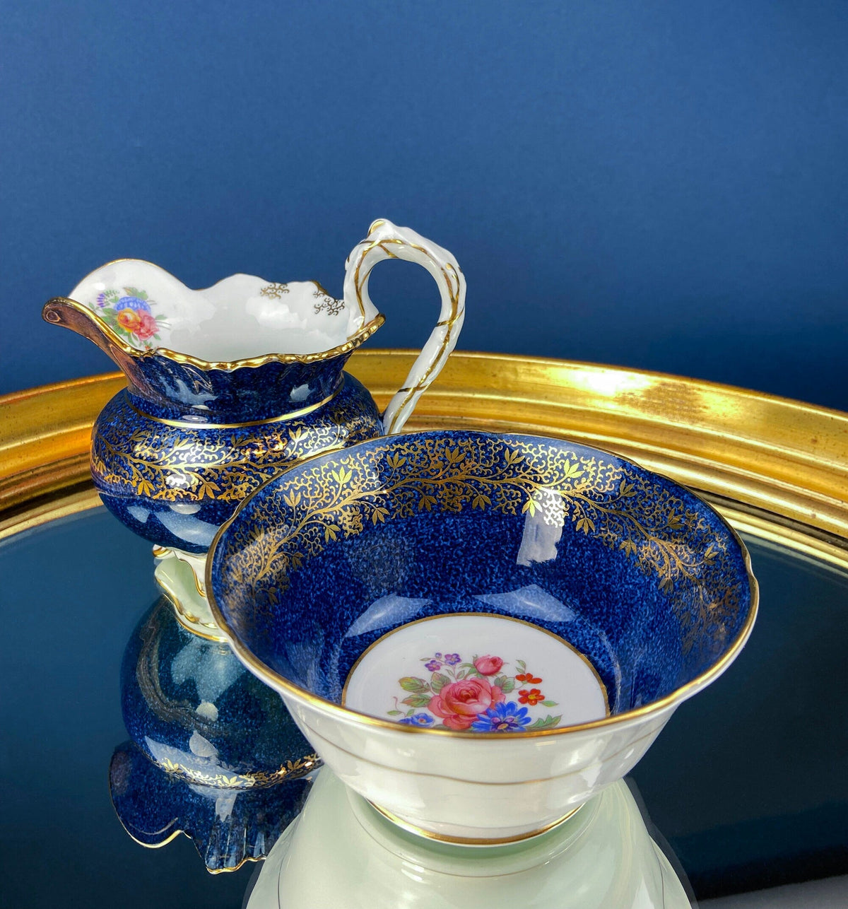 Vintage Aynsley Creamer and Sugar Bowl.  Blue and Gold, with Hand Painted Bouquet of Flowers. Fine Bone China.