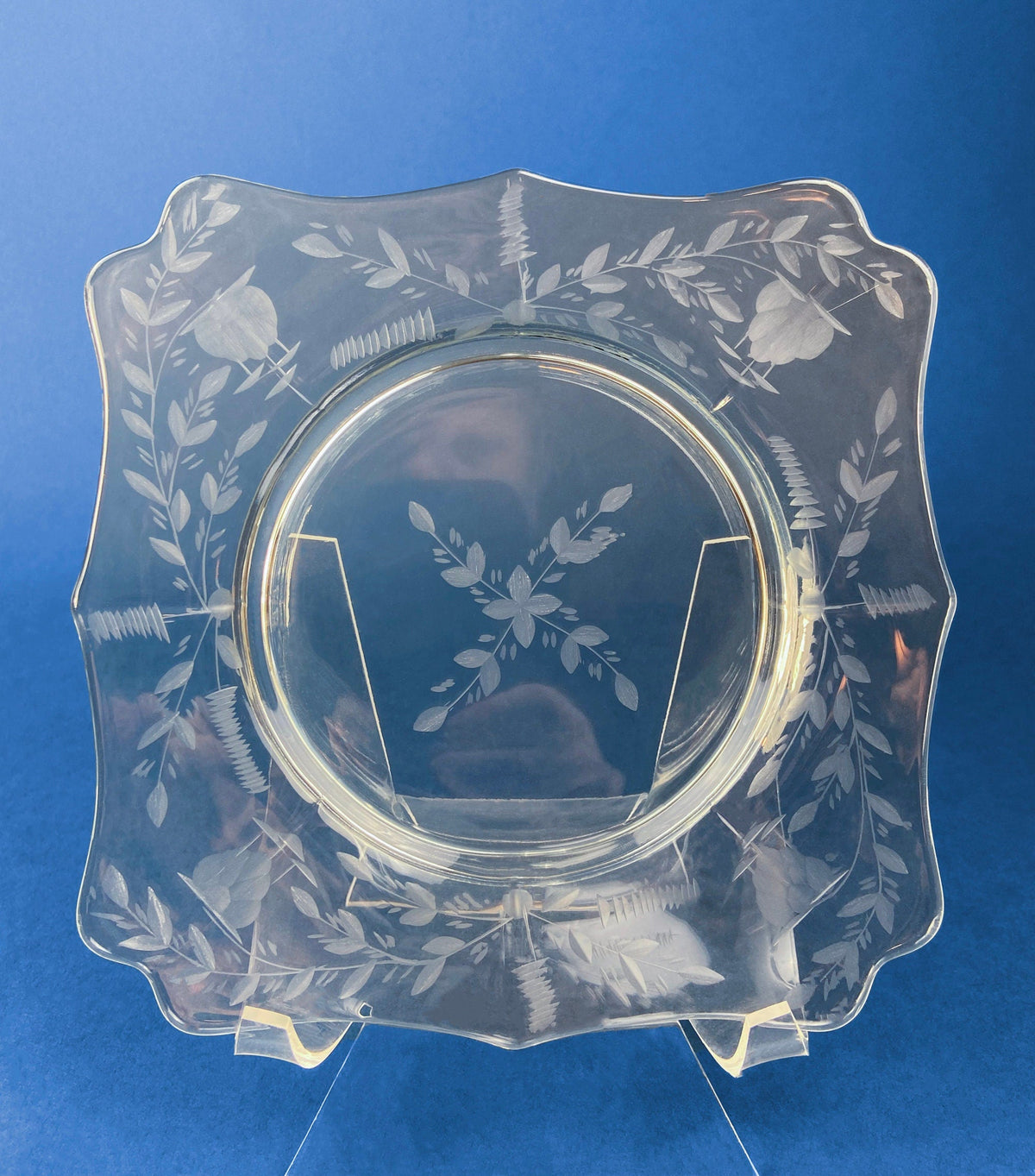 Antique Etched Glass Dessert Plates or Salad Plates. Set of Seven Square Serving Plates with Scalloped Edges. Fine Dining. Glass Tableware.