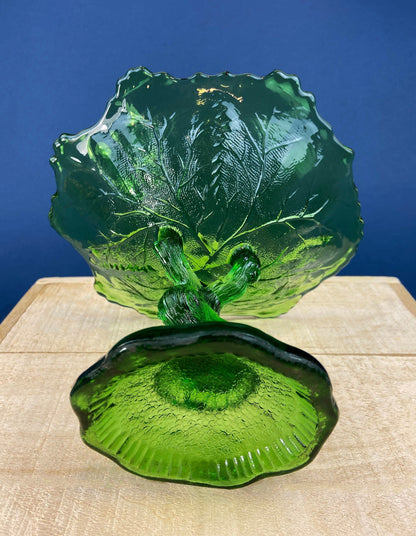 Green Glass Compote Shaped Like a Tree. Vintage Footed Serving Dish with Stem Shaped like a Tree Trunk. Fruit Stand. Table Centerpiece.