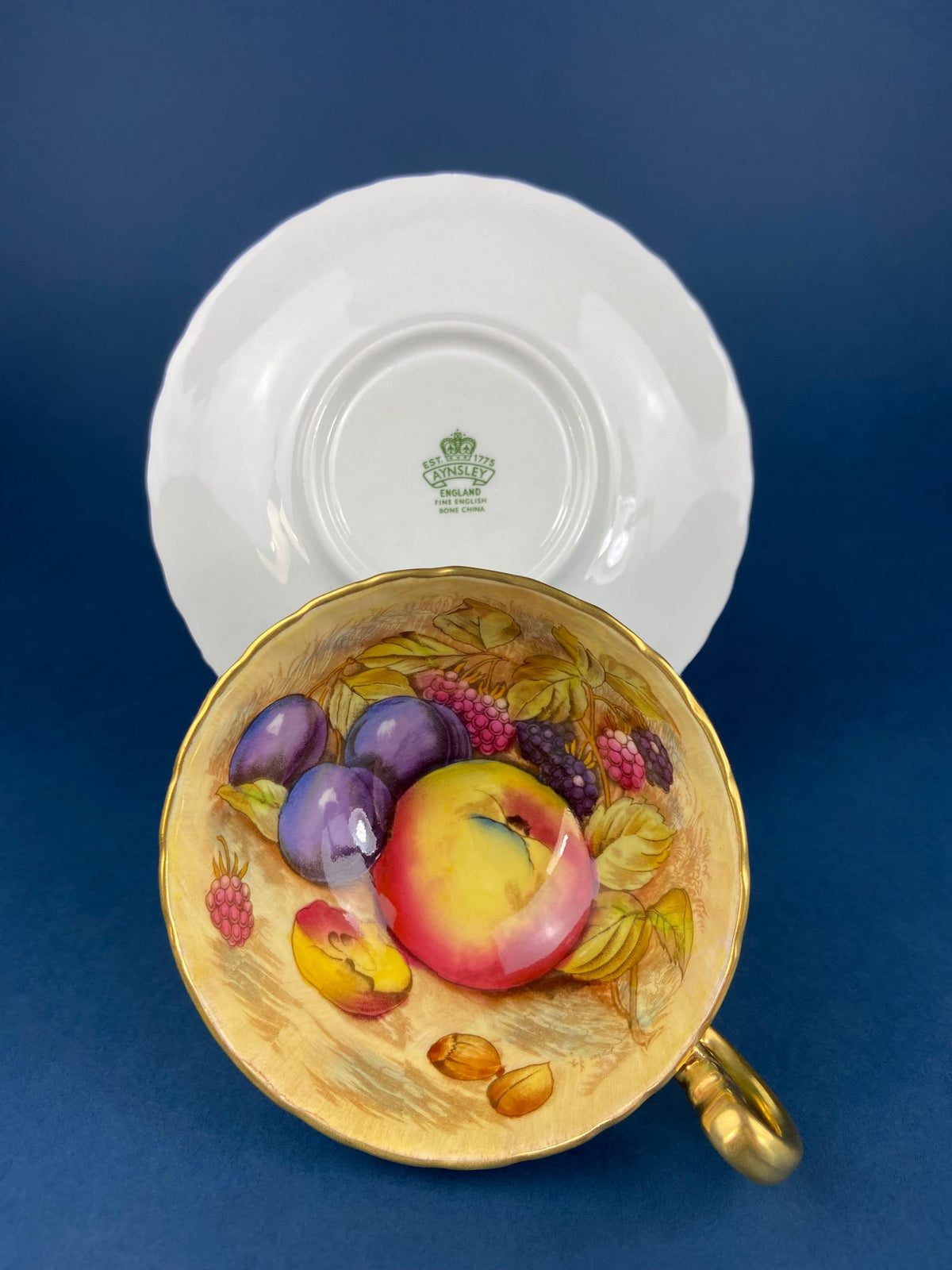 Vintage Tea Cup & Saucer. Aynsley Fine Bone China. Beautiful Fruit Motif: Peaches, Plums, Berries. Collectible Tea Set. Gift for Him or Her.
