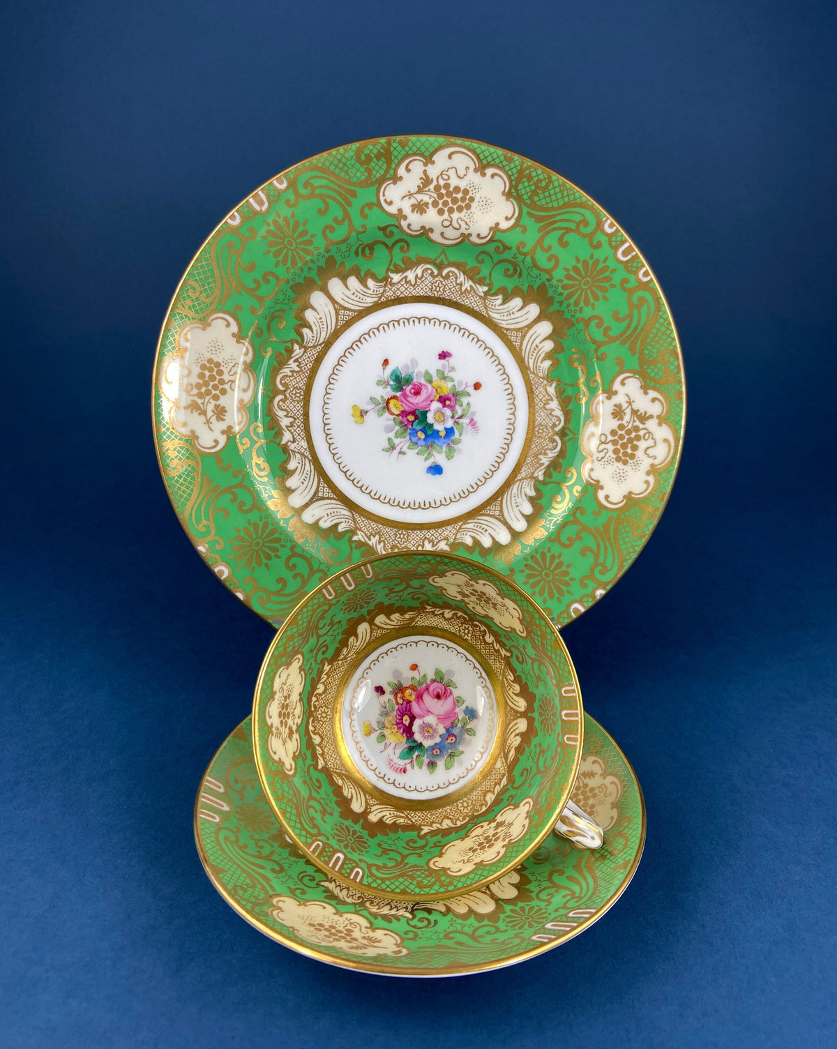Vintage Staffordshire Tea Trio: Green, Gold, and Pink Porcelain Set