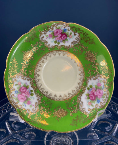 Antique Emerald Green Cup and Saucer, Occupied Japan, Floral Pattern