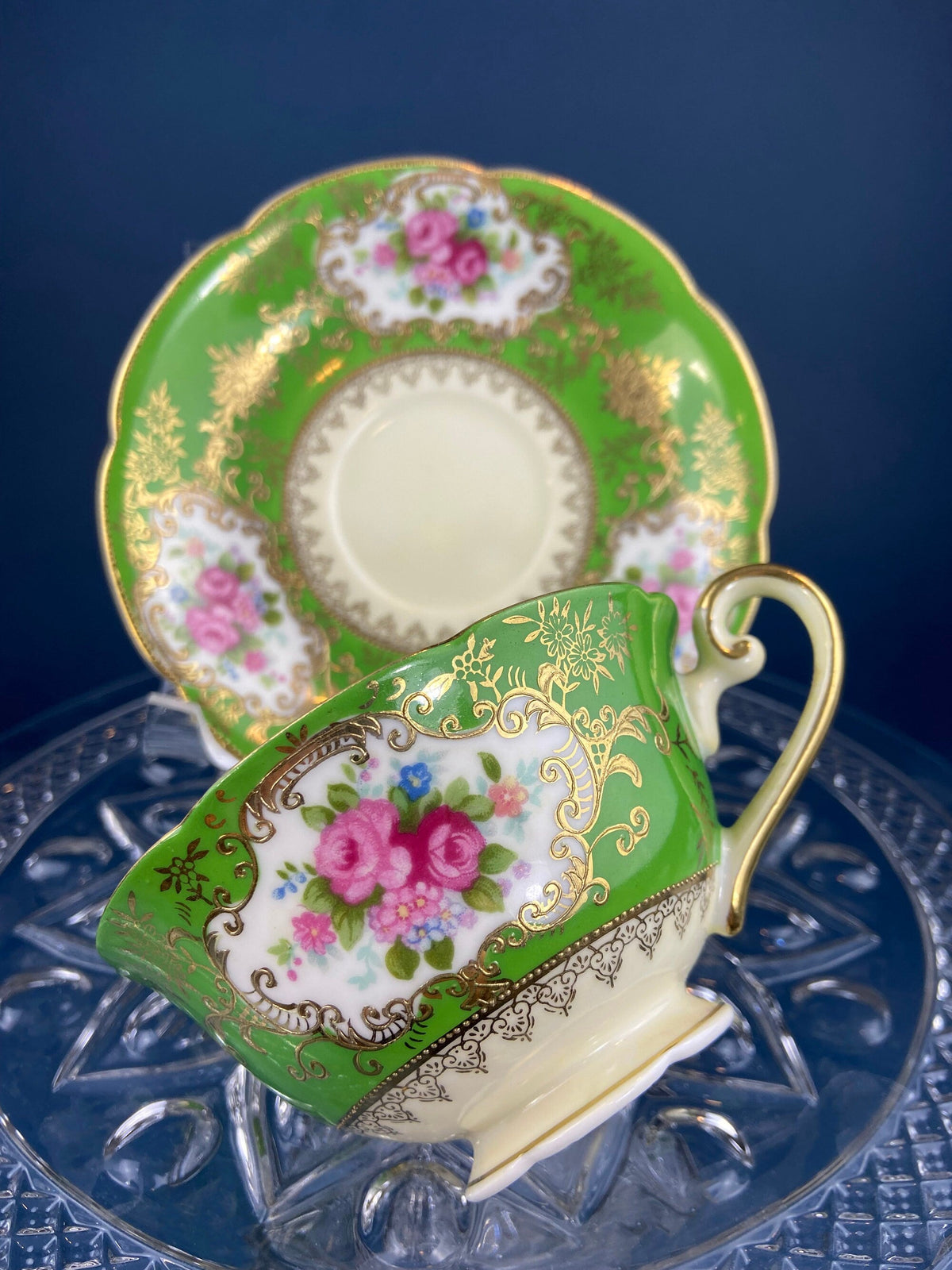 Antique Emerald Green Cup and Saucer, Occupied Japan, Floral Pattern