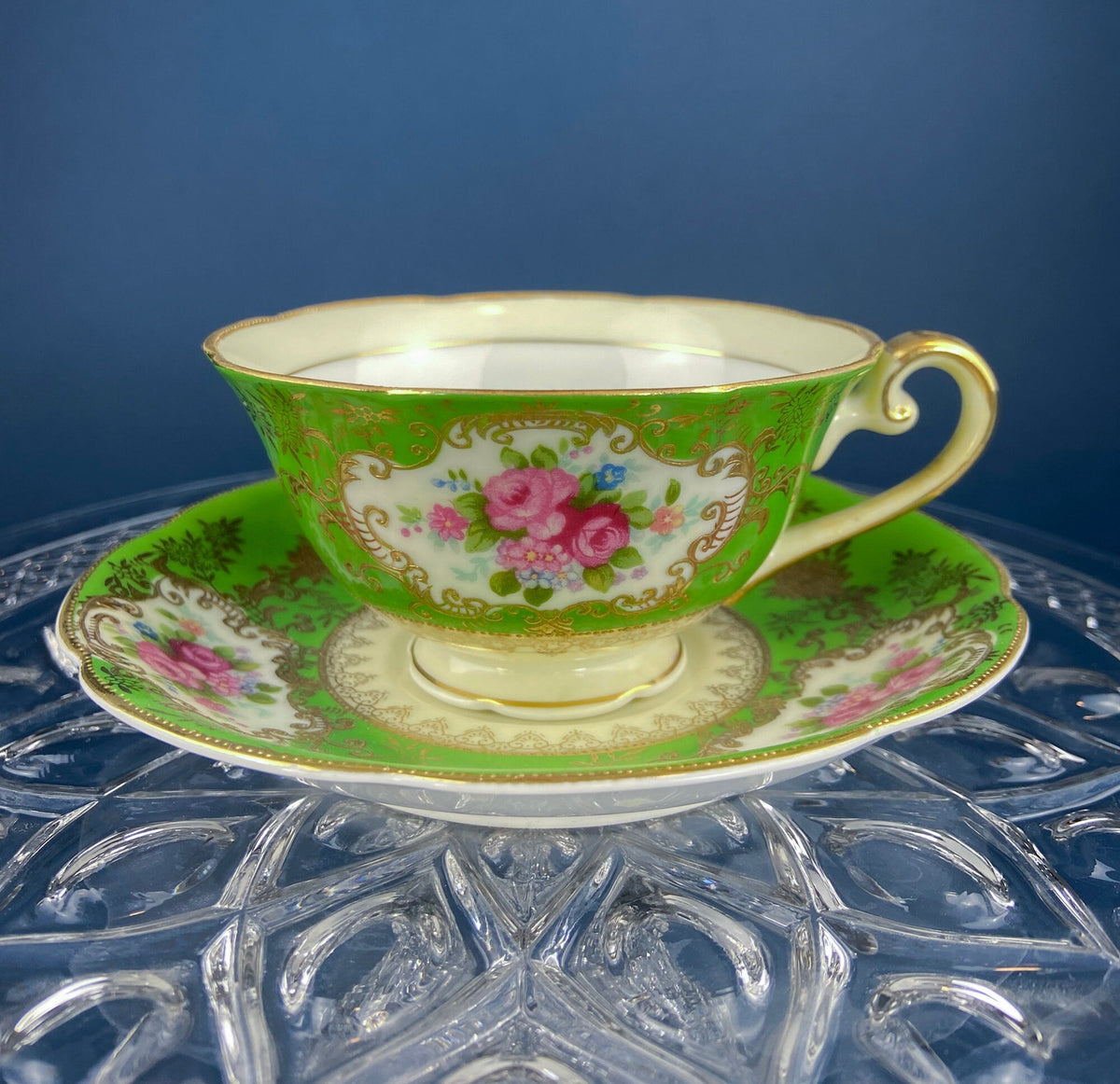 Antique Emerald Green Cup and Saucer, Occupied Japan, Floral Pattern