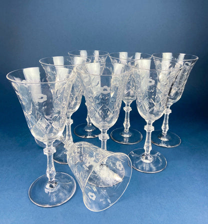 Vintage Heisey Danish Princess Cut Crystal Wine or Water Goblets. Set of 8 Stemware. Beautiful Shimmer & Ping. Wedding Gift. Housewarming.