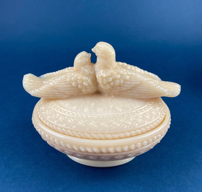 Bowl with Lid Yellow Ceramic Doves on Nest. Kissing Birds on Basket. Dish with Pair of Love Birds.