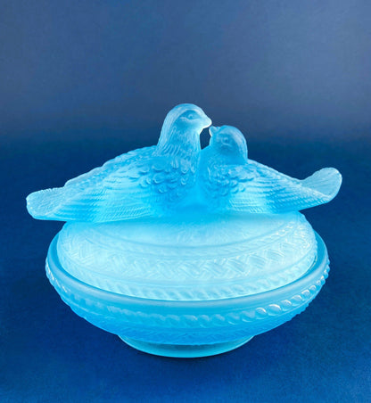 Bowl with Lid Yellow Ceramic Doves on Nest. Kissing Birds on Basket. Dish with Pair of Love Birds.