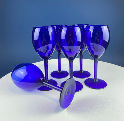 Cobalt Blue Wine Glasses.  Set of Six Stemware. Dark Blue Modern Glasses. Holiday Celebration.