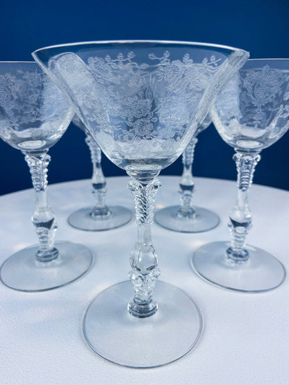 Vintage Cambridge Rose Point Champagne Glasses. Set of Five Tall Sherbets. Floral Etching Stemware. Fine Dining. Wedding Gift Idea.