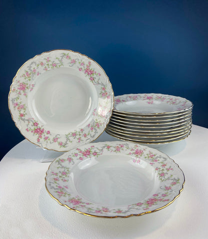 Antique Hutschenreuther Porcelain Soup Plates. Set of 12, Richelieu Rose Garlands Motif. Wedding Gift Idea. Fine Dining. Modern Farmhouse.