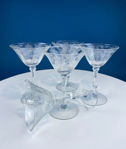 Vintage Cambridge Rose Point Champagne Glasses. Set of Five Tall Sherbets. Floral Etching Stemware. Fine Dining. Wedding Gift Idea.
