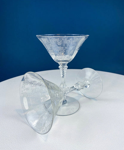 Vintage Cambridge Rose Point Champagne Glasses. Set of Five Tall Sherbets. Floral Etching Stemware. Fine Dining. Wedding Gift Idea.