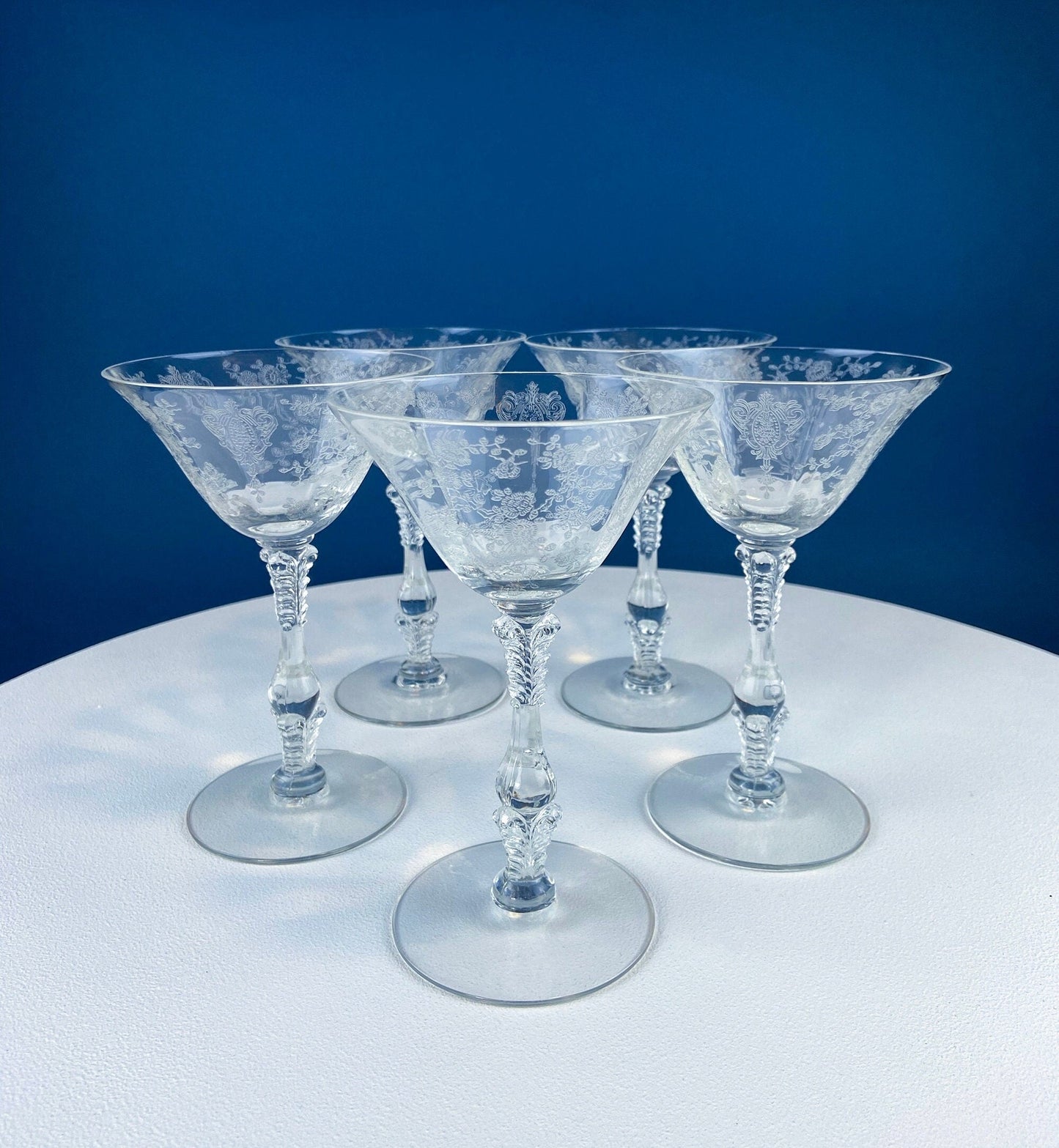 Vintage Cambridge Rose Point Champagne Glasses. Set of Five Tall Sherbets. Floral Etching Stemware. Fine Dining. Wedding Gift Idea.