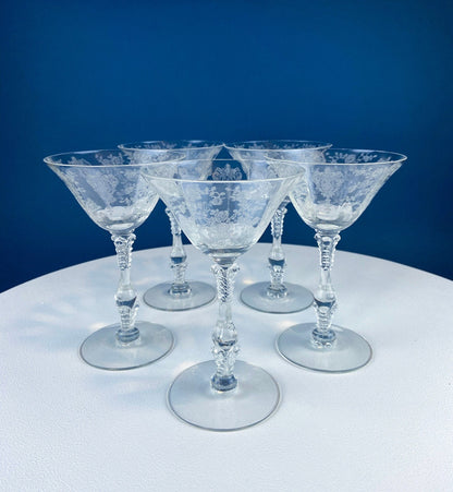 Vintage Cambridge Rose Point Champagne Glasses. Set of Five Tall Sherbets. Floral Etching Stemware. Fine Dining. Wedding Gift Idea.