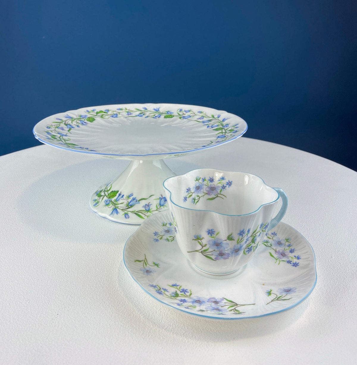 Vintage Shelley Footed Cake Stand. Hand Painted Porcelain Collectible Cake Serving Stand. Blue Bell Motif. Wedding Gift.
