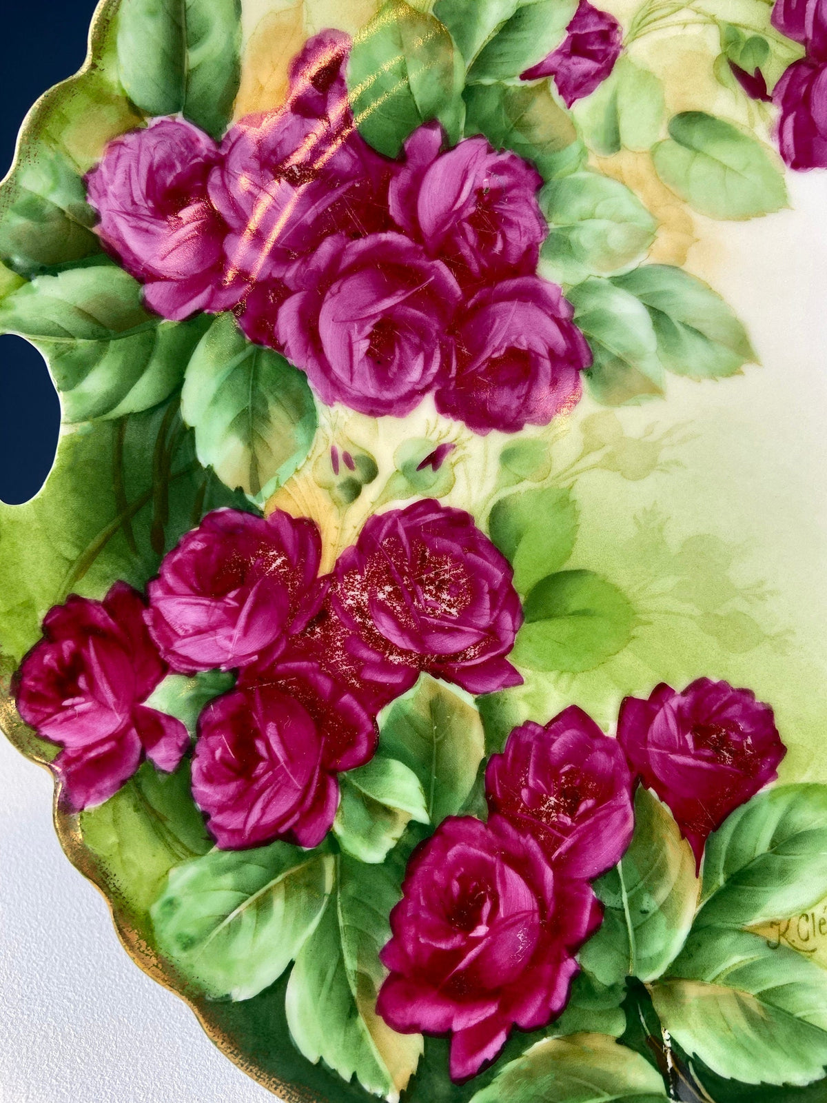 Antique 12" Serving or Decorative Plate. Hand Painted Pink Roses.  Dining Room Wall Decor or Collectible Display. Wedding Registry Gift.