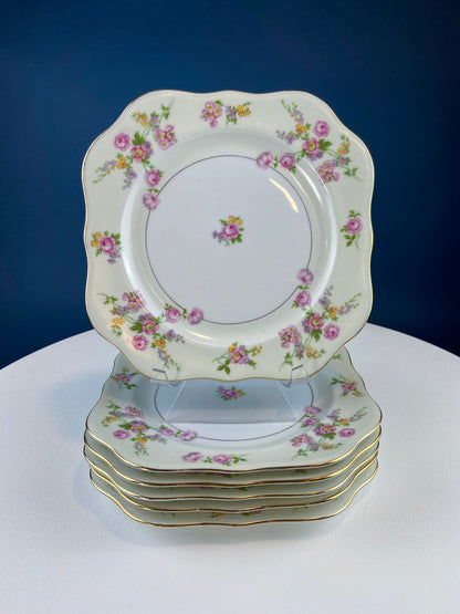 Antique Porcelain Bullion Bowls with Matching Square, 8.5" Dinner Plates. Set of 6. Flower Garlands, Sylvia by F&B Baronet China, Bohemia.
