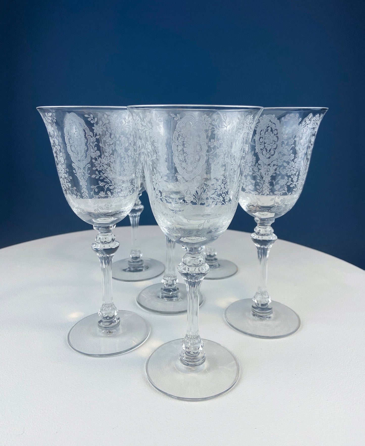 Tiffin-Franciscan Wine Goblets. Etched June Night Pattern. Collectible Stemware. Set of 6. Modern Farmhouse. French Country. House Beautiful