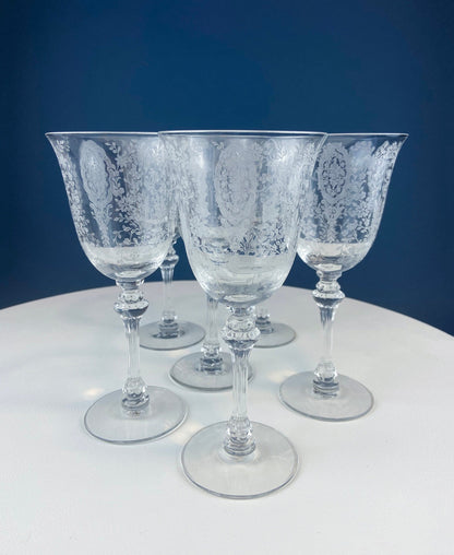 Tiffin-Franciscan Wine Goblets. Etched June Night Pattern. Collectible Stemware. Set of 6. Modern Farmhouse. French Country. House Beautiful