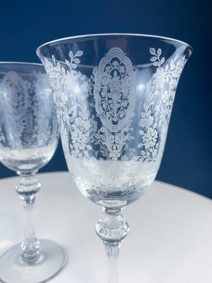 Tiffin-Franciscan Wine Goblets. Etched June Night Pattern. Collectible Stemware. Set of 6. Modern Farmhouse. French Country. House Beautiful