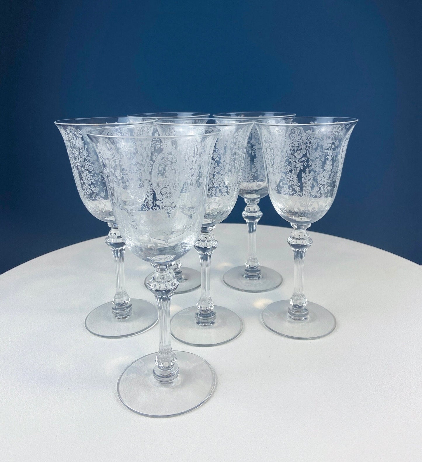 Tiffin-Franciscan Wine Goblets. Etched June Night Pattern. Collectible Stemware. Set of 6. Modern Farmhouse. French Country. House Beautiful
