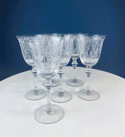 Tiffin-Franciscan Wine Goblets. Etched June Night Pattern. Collectible Stemware. Set of 6. Modern Farmhouse. French Country. House Beautiful