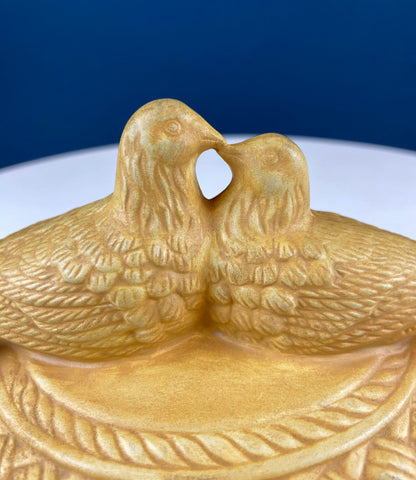 Bowl with Lid Yellow Ceramic Doves on Nest. Kissing Birds on Basket. Dish with Pair of Love Birds.