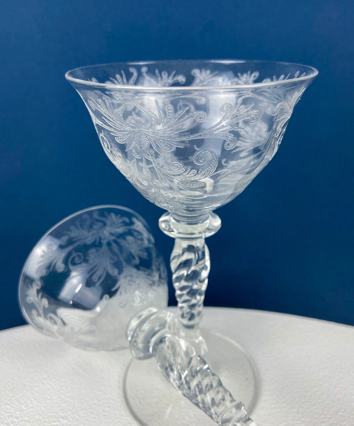 Tiffin Franciscan Sweet Wine Glasses. Set of Four Byzantine Etched Stemware. Floral Motif.