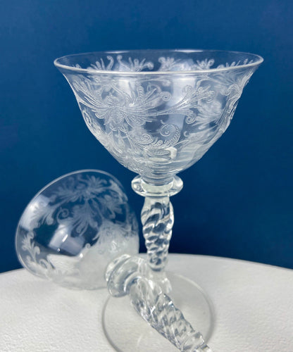 Tiffin Franciscan Sweet Wine Glasses. Set of Four Byzantine Etched Stemware. Floral Motif.