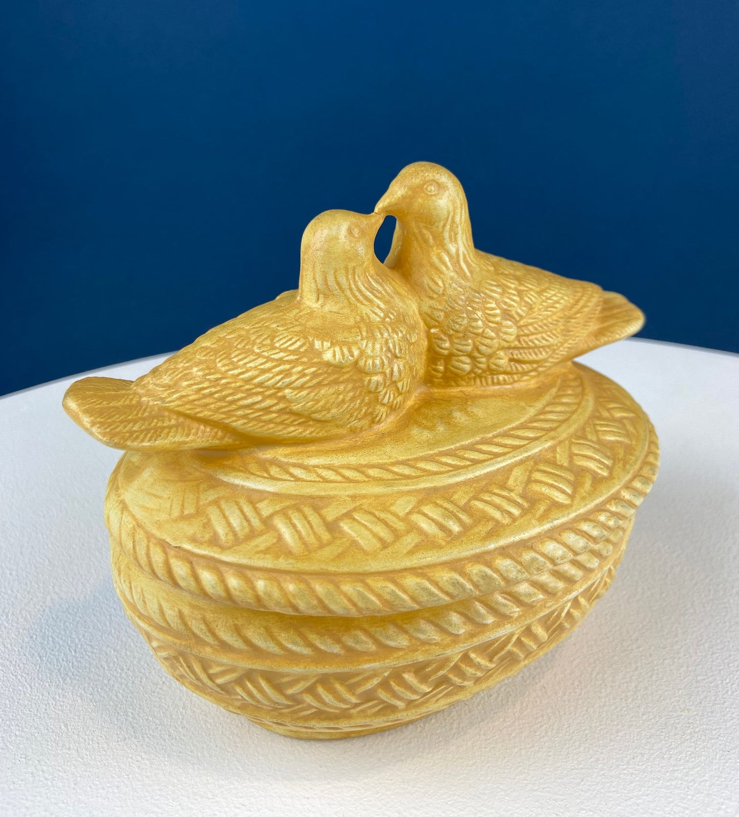 Bowl with Lid Yellow Ceramic Doves on Nest. Kissing Birds on Basket. Dish with Pair of Love Birds.