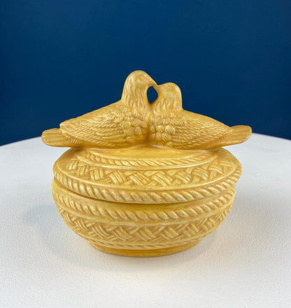 Bowl with Lid Yellow Ceramic Doves on Nest. Kissing Birds on Basket. Dish with Pair of Love Birds.