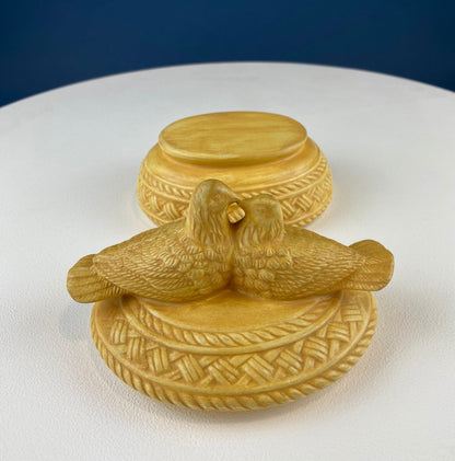 Bowl with Lid Yellow Ceramic Doves on Nest. Kissing Birds on Basket. Dish with Pair of Love Birds.