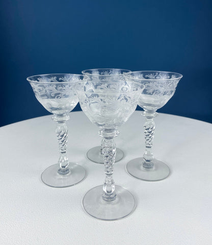 Tiffin Franciscan Water or Juice Glasses. Set of Five Byzantine Etched Stemware. Floral Motif. Fine Dining. Collectible Stemware.