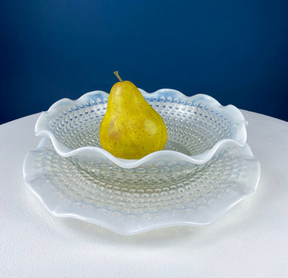 Vintage Moonstone Serving Set. Hobnail Large Bowl and Matching Plate. Salad or Fruit Bowl. Serving Platter. Modern Table Centerpiece.