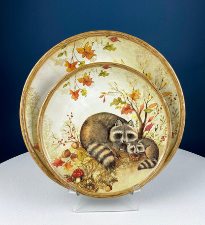 Cute Raccoon Dinner Set for One. Whimsical Plates and Mug. Kid at Heart or Grandparents' Gift for Grandkids. Fall Celebration. Cabin Decor.