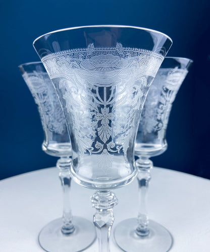 Vintage Etched Poppies Wine/Water Crystal Goblets. Mayfield by Tiffin Franciscan. Set of 7 Stunning Art Nouveau/Art Deco Stemware.
