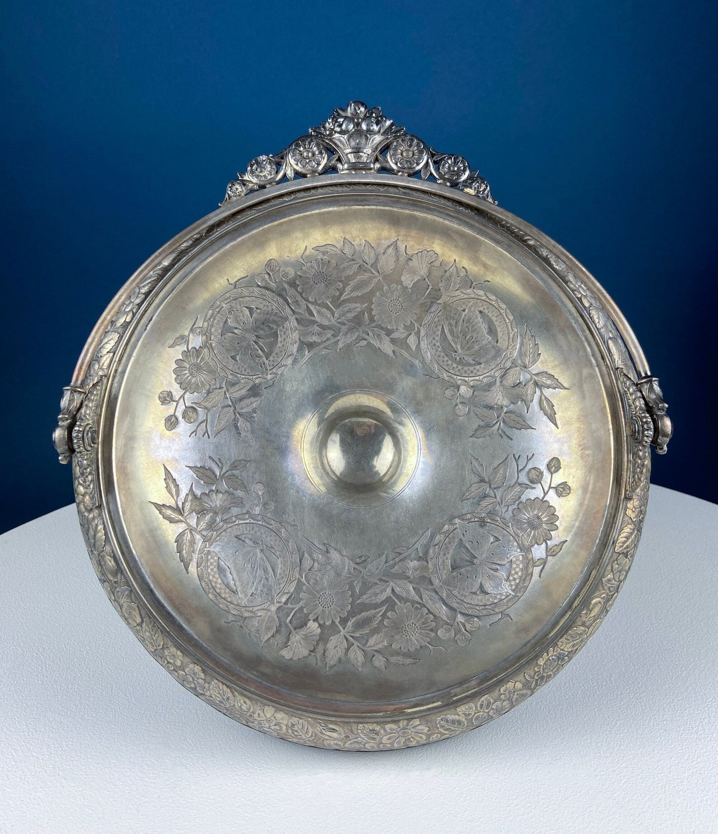 Victorian Silver Plated Fruit Pedestal with Handle. Bridal Basket. Stunning Butterflies & Flowers Relief. Table Holiday Centerpiece.
