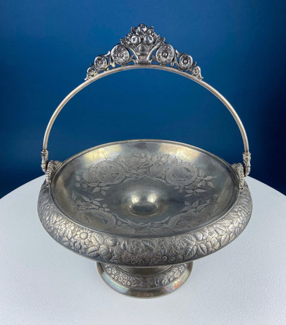 Victorian Silver Plated Fruit Pedestal with Handle. Bridal Basket. Stunning Butterflies & Flowers Relief. Table Holiday Centerpiece.