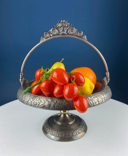 Victorian Silver Plated Fruit Pedestal with Handle. Bridal Basket. Stunning Butterflies & Flowers Relief. Table Holiday Centerpiece.