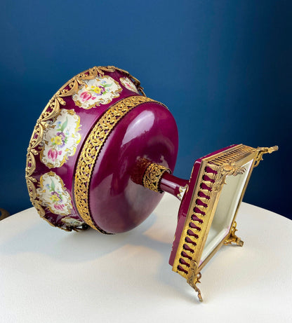 Antique Porcelain Burgundy & Gold Footed Bowl with Marble Base. Hand Painted Roses Storage Dish with Dolphin Feet. Ornate Marble Base.
