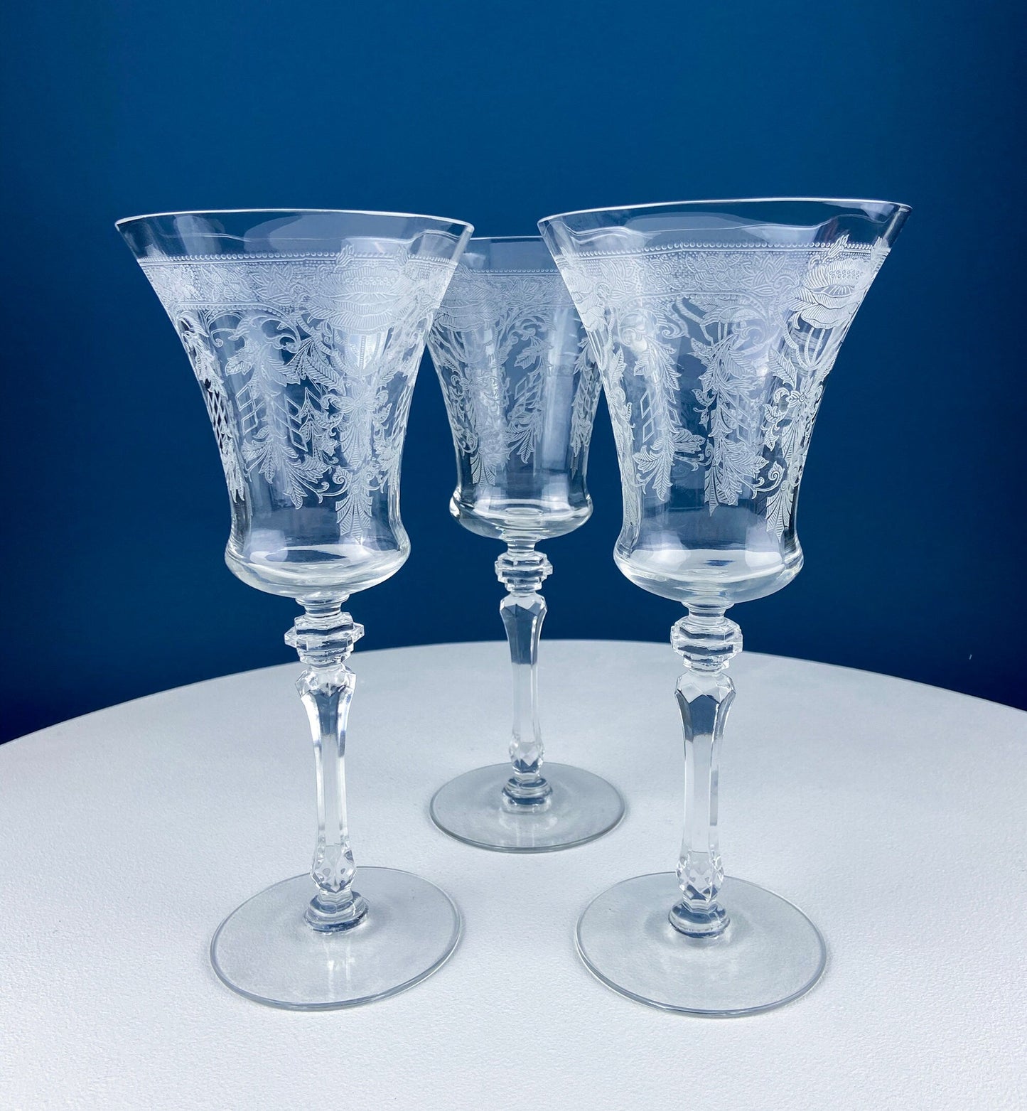Vintage Etched Poppies Wine/Water Crystal Goblets. Mayfield by Tiffin Franciscan. Set of 7 Stunning Art Nouveau/Art Deco Stemware.