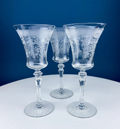 Vintage Etched Poppies Wine/Water Crystal Goblets. Mayfield by Tiffin Franciscan. Set of 7 Stunning Art Nouveau/Art Deco Stemware.