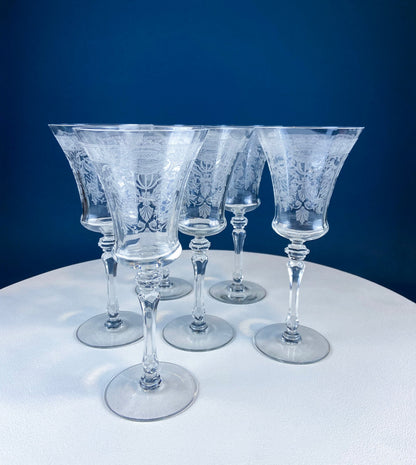 Vintage Etched Poppies Wine/Water Crystal Goblets. Mayfield by Tiffin Franciscan. Set of 7 Stunning Art Nouveau/Art Deco Stemware.
